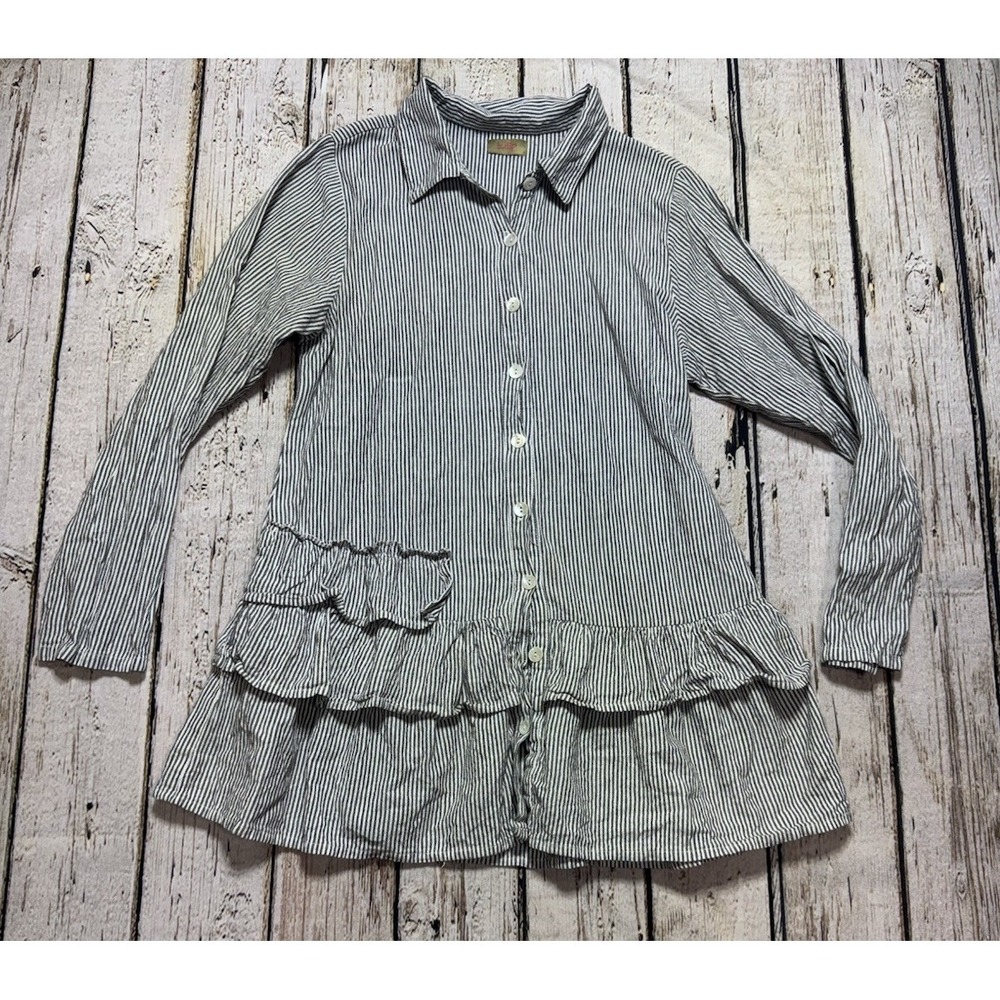 Tulip Clothing Womens Tunic Top Large Stripe Lagenlook Ruffle Button Up Small